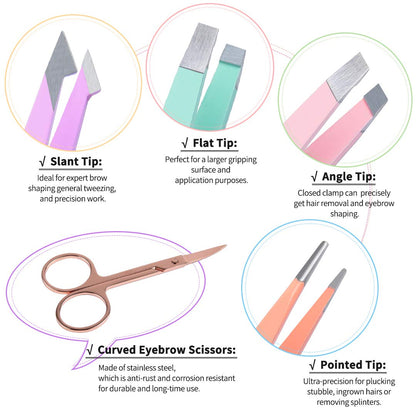 TsMADDTs 6 PCS Tweezers Set for Women, Eyebrow Tweezers with Curved Scissor for Ingrown Hair, Hair Plucking Daily Beauty Tools with Leather Travel Case
