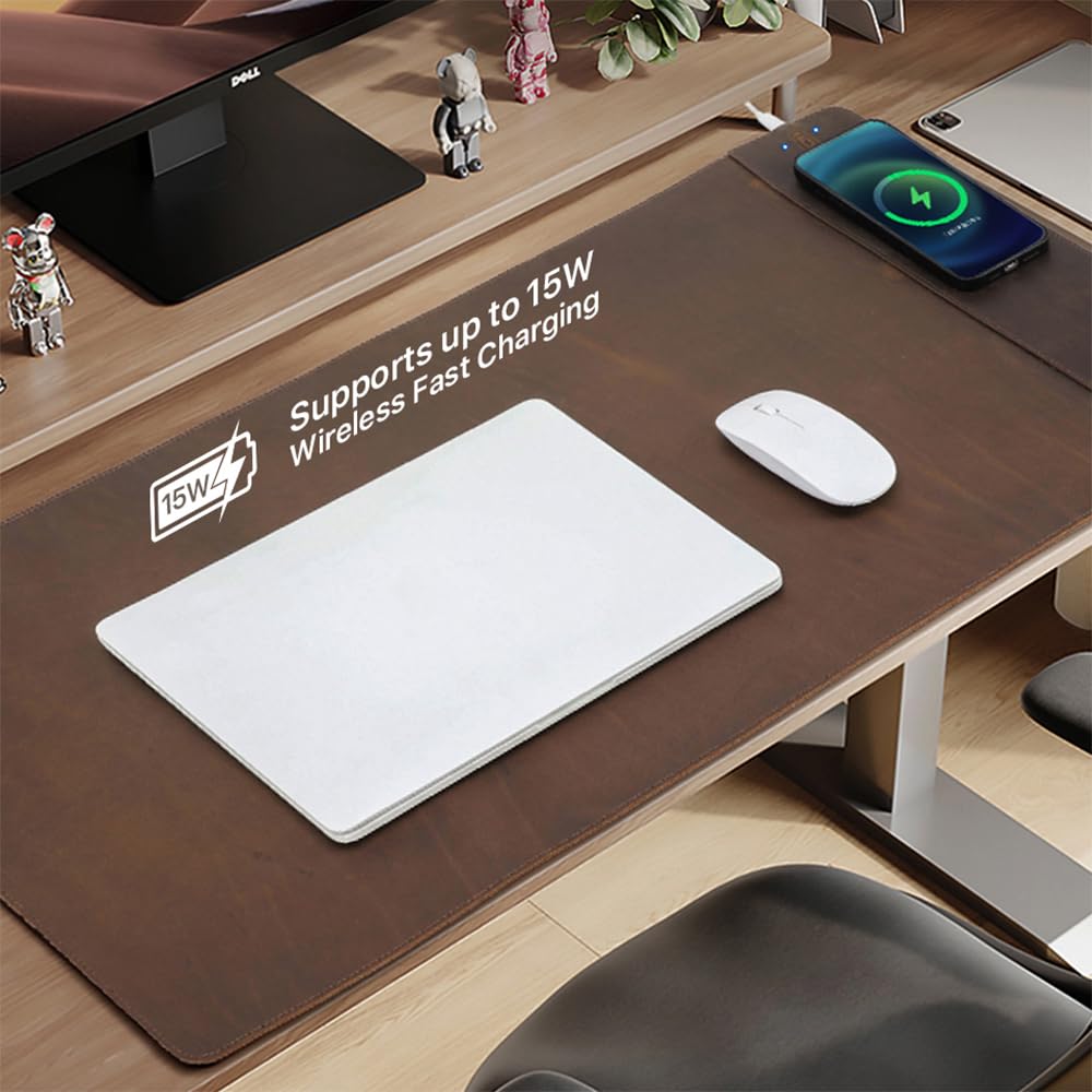 Contacts Full Grain Leather Wireless Charging Desk Mat with 15W Wireless Charger Type C Chargering Port Computer Desk Pad Large Mouse Pad 80x40 cm