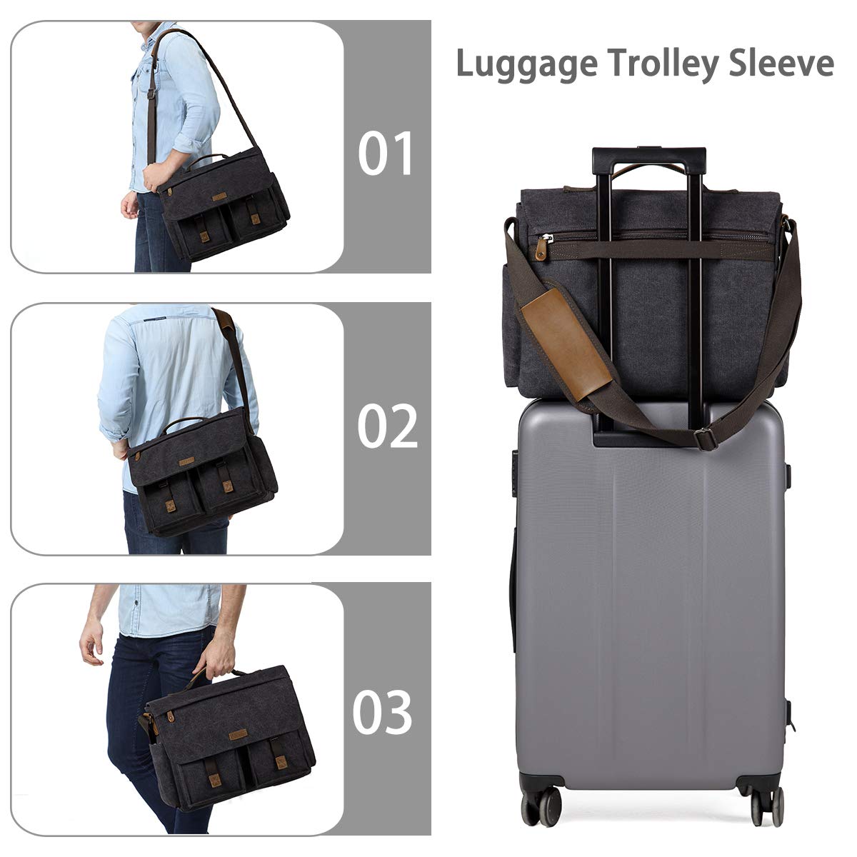 Messenger Bag for Men, VASCHY Vintage Water Resistant Waxed Canvas Satchel 15.6 inch Laptop Briefcase Shoulder Bag with Padded Shoulder Strap Gray