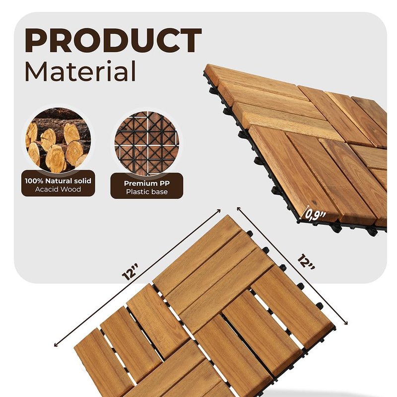 AN68 Premium Acacia Wood Interlocking Deck Tiles – Set of 9 pcs, 12"x12", Waterproof Outdoor Patio Flooring, Weather-Resistant Wooden Tiles for Balcony, Backyard, Indoor & Outdoor Use (Natural)