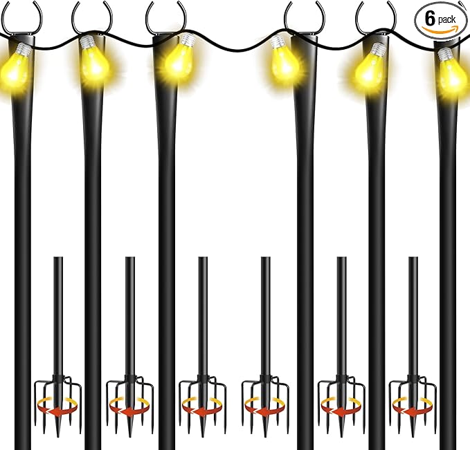 6 Pack 10Ft String Light Poles, Metal Poles with Fork for Outside Lights,Outdoor Metal Light Stand with Fence Brackets Hanging Lights for Garden Patio Wedding Backyard Deck Party
