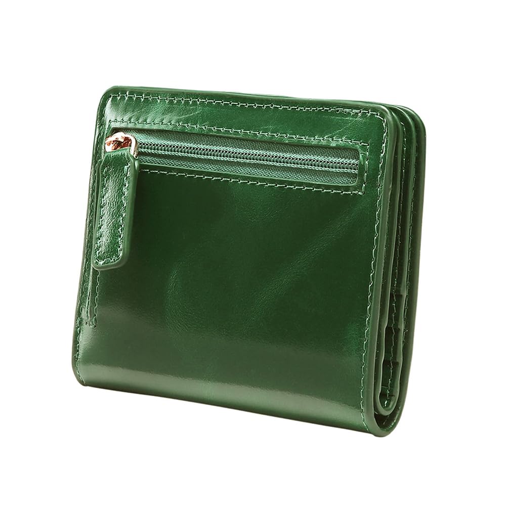 Itslife Women's RFID Blocking Small Compact Bifold Waxed Leather Pocket Wallet Ladies Mini Purse with ID Window (Dark Green)