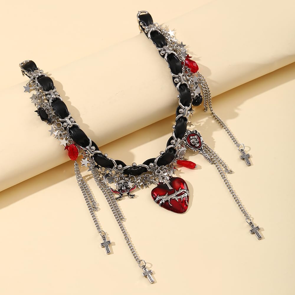 Thalireth Goth Vampire Heart Necklace Spooky Gothic Skeleton Cross Y2k Star Tassel Leather Choker Chunky Statement Necklace for Women Halloween