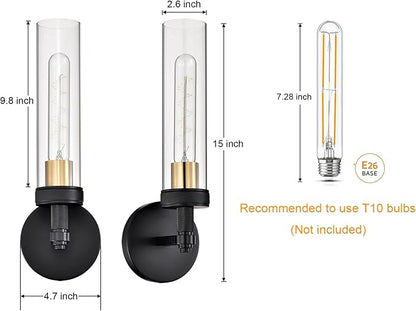 Black Wall Sconces Set of Two,Knurled Texture Modern Wall Sconce,Tube Clear Glass Matte Black Vanity Light,Industrial Bathroom Sconces Wall Lighting,Wall Lights for Bedroom,Living Room,Hallway