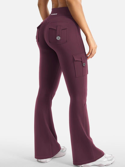 YEOREO CoreFlex Women Workout Flare Leggings with Pockets Hidden Scrunch High Waisted Cargo Gym Yoga Leggings Dark Cherry XS
