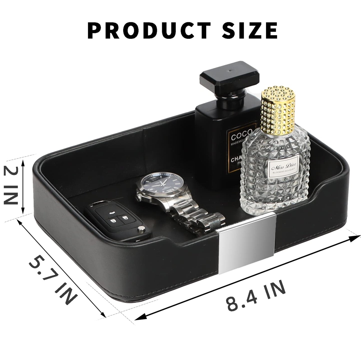 SANZIE Luxury Leather Tray Organizer Valet Tray Key Tray for Entryway Table Desktop Storage Catchall Tray Decorative Tray for Jewelry Keys Wallet Phone Watch (Metal Silvered, Black)