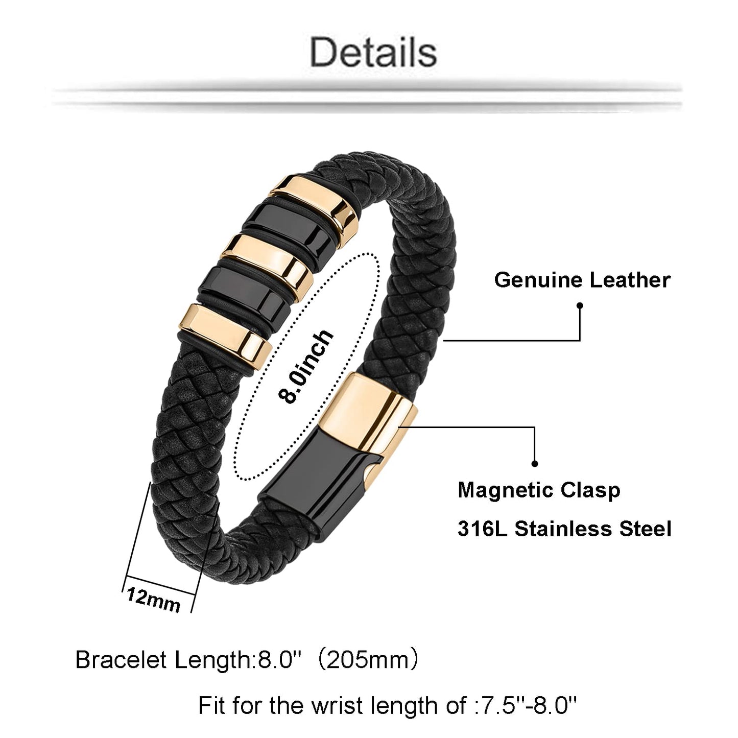 LJWVX Mens Black Leather Bracelets,Braided Leather Wristband Cuff Bracelet,Stainless Steel Clasp,Gifts for Men
