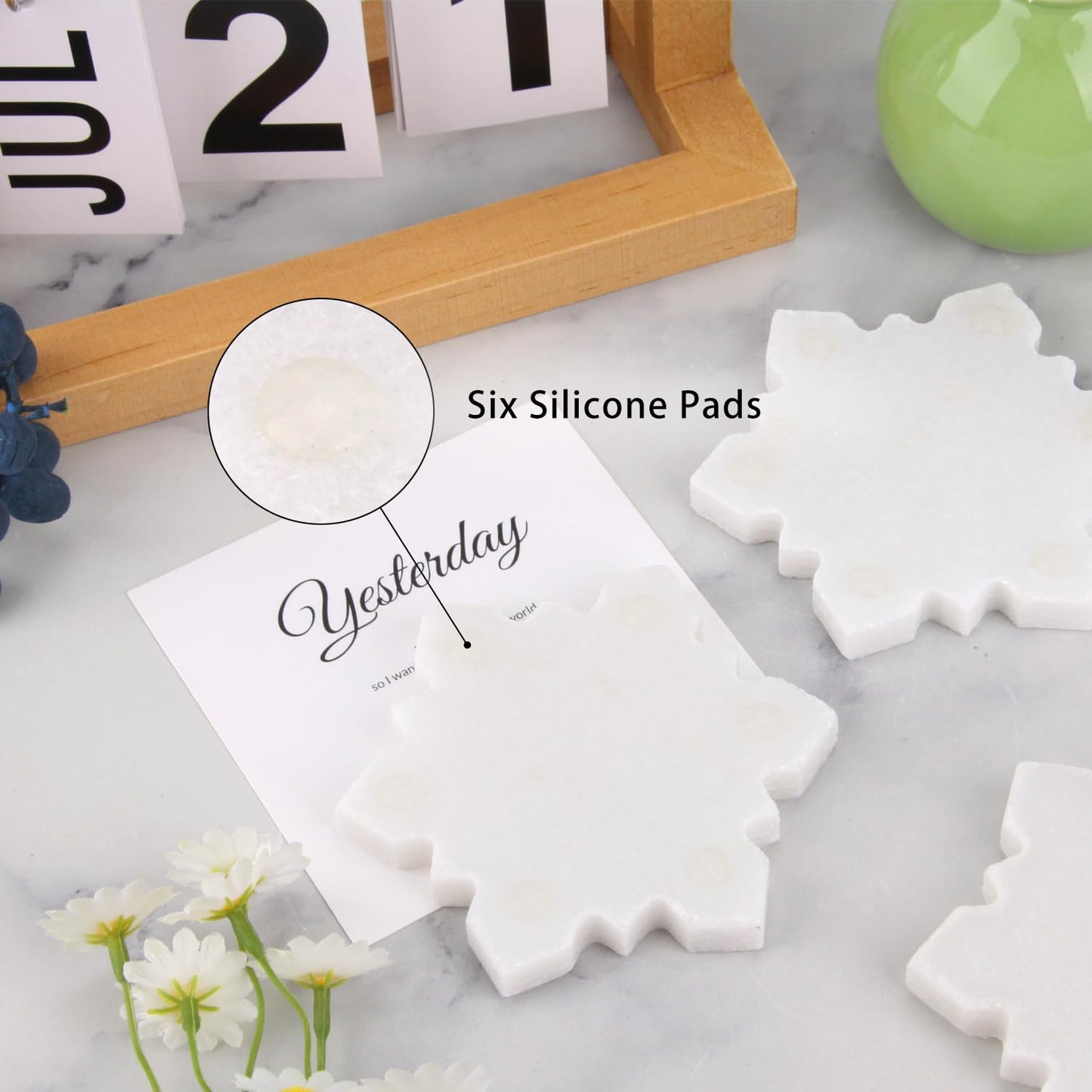 Marble Coasters Set of 6-4 Inch Snowflake Design White Natural Stone Drink Coasters, Modern Luxury Outdoor Cup Coaster Table Protection for Coffee Tab (6, 4 Inch) (6, White, Snowflake)