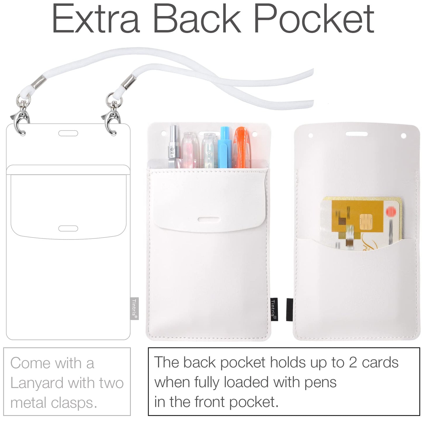 Tintris Pocket Protector, 3 Pack Leather Pen Pencil Holder Pouch Organizer for Men Pocket Shirt Lab Coat Small Tools, Designed with a Lanyard & an Extra Back Pocket, Thick PU Leather, White