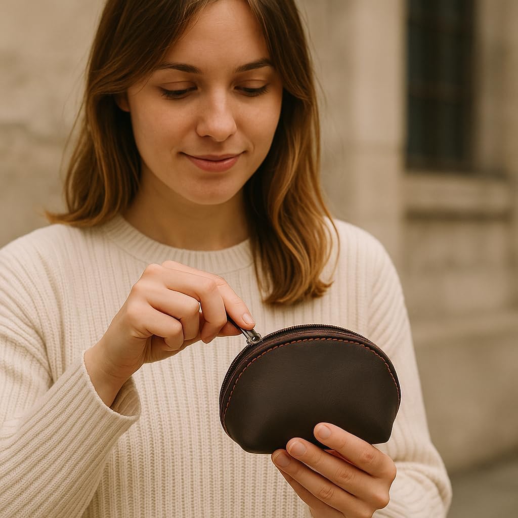 CestAntiQ, Leather Moon Pocket Coin Case, Mini Squeeze Coin Purse Pouch for Change, Dark Brown Leather Coin Holder Tray, Compact Wallet for Men & Women, Stylish & Durable, Elegant Coin Purse