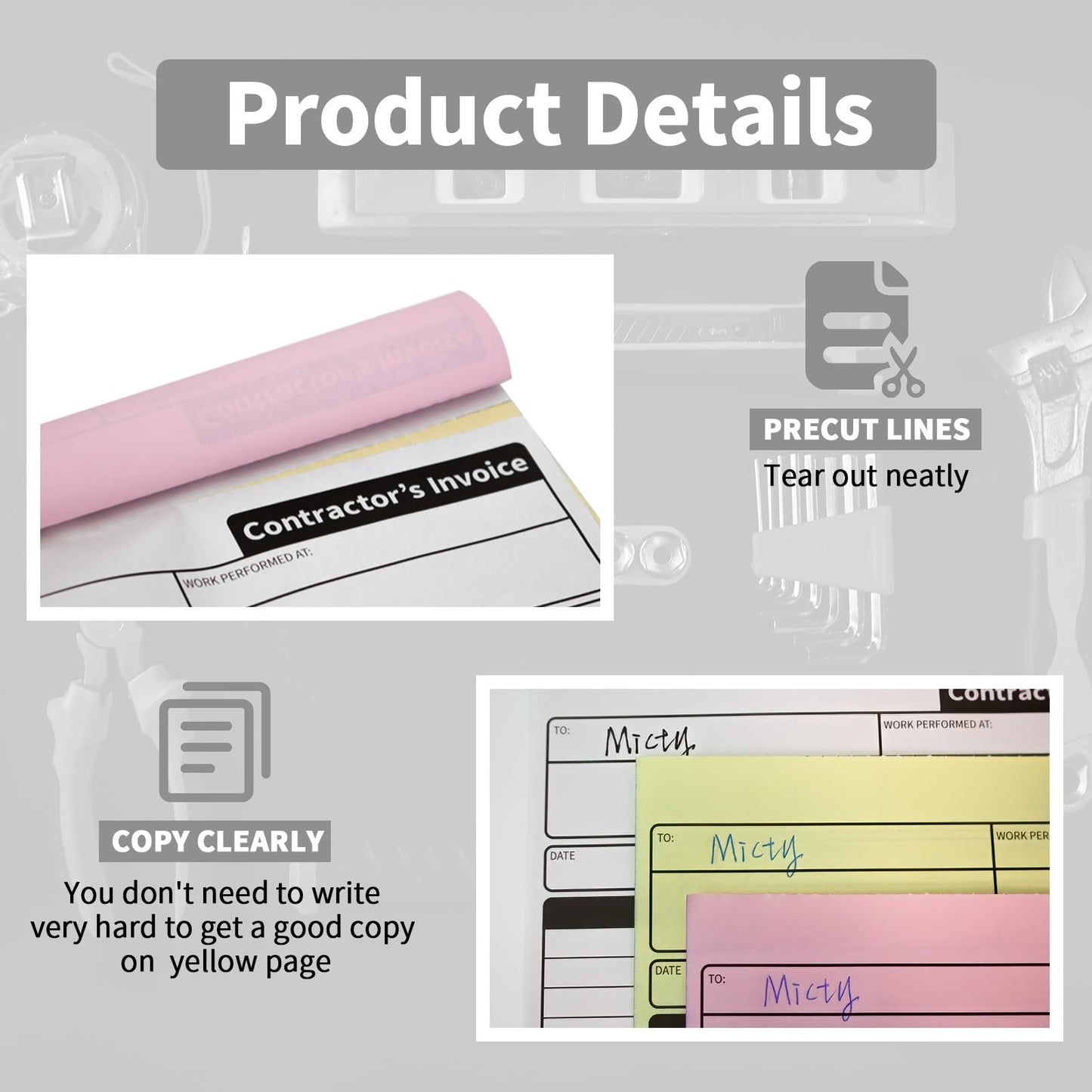 AMXZEA Contractor Invoice Books,3 Part Carbonless Contractor Estimate Book,Work Order Receipt Book with Carbon Copies,7.3 x 11 Inch (50 Sets)