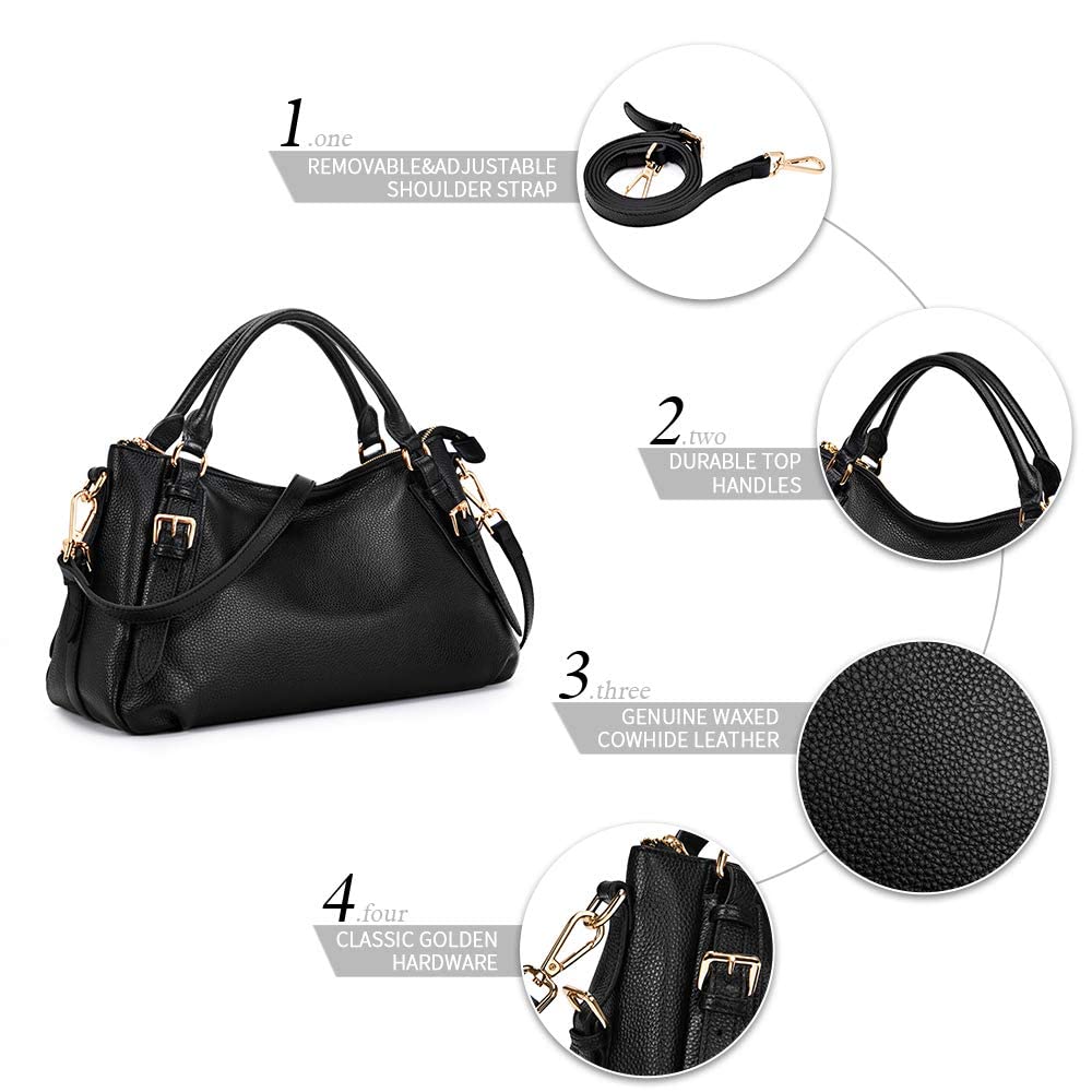 Kattee Women's Soft Genuine Leather Satchel Purses Top Handle Crossbody Bags Ladies Designer Medium Size Hobo Handbags(Black)