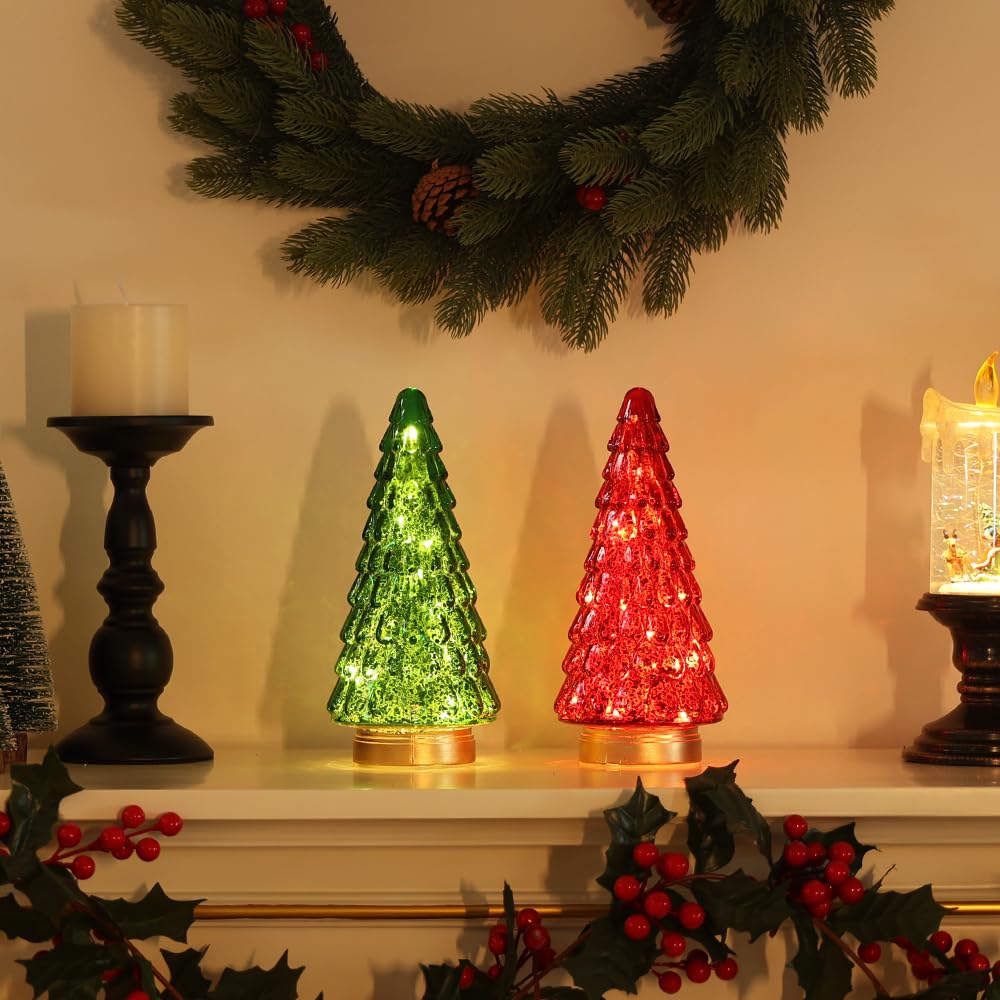 PHITRIC Christmas Decorations Indoor, 2 PCS Sparkling Glass Christmas Tree Table Centerpieces Decor with LED Lights and Timer, Xmas Tree Decorations for Home, Mantel, Shelf, Tabletop (Red & Green)