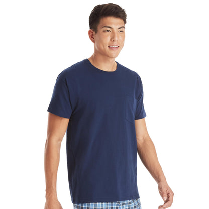 Hanes Men's T-Shirt, Moisture-Wicking Cotton Crewneck Pocket Tees, 6-Pack, Grey Heather, Black, Hiker Green, White, Navy, Blue