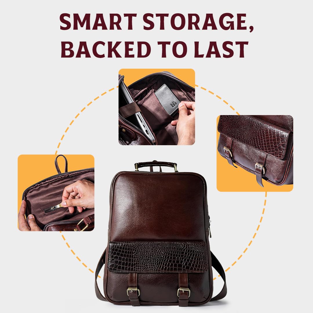 bonahide - 15.6" Luxury Burgundy Leather Laptop Backpack for Men & Women. Leather Bag for Professional Use in Office & Business