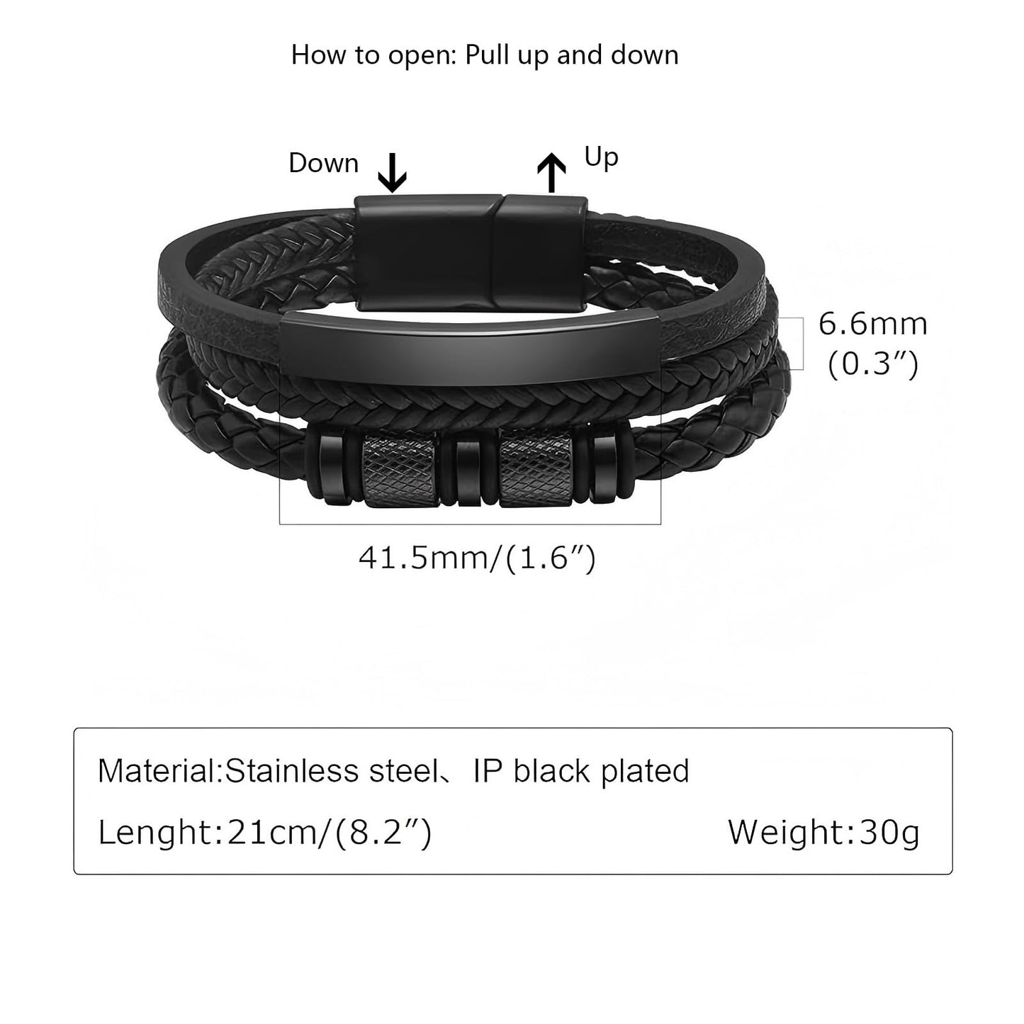 Kim Carrey Italian Handmade Genuine Leather Bracelets for Men Stainless Steel Clip, Men's Casual Genuine Multi-layer Cuff Bracelet, Bracelet Gift for Real Men (Pure Black)