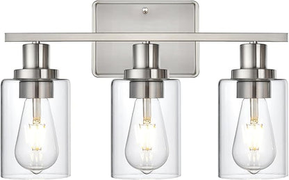 Bathroom Vanity Light,3-Light Brushed Nickel Vanity Light, Modern Matte Black Wall Sconce Lighting with Clear Glass Shade,Wall Mounted Lamps for Mirror Bedroom,Living Room
