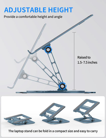 Adjustable Computer Stand with 360 Rotating Base, Ergonimic Foldable Laptop Riser for Desk Compatible with MacBook Pro/Air Notebook up to 16 Inches, Silver