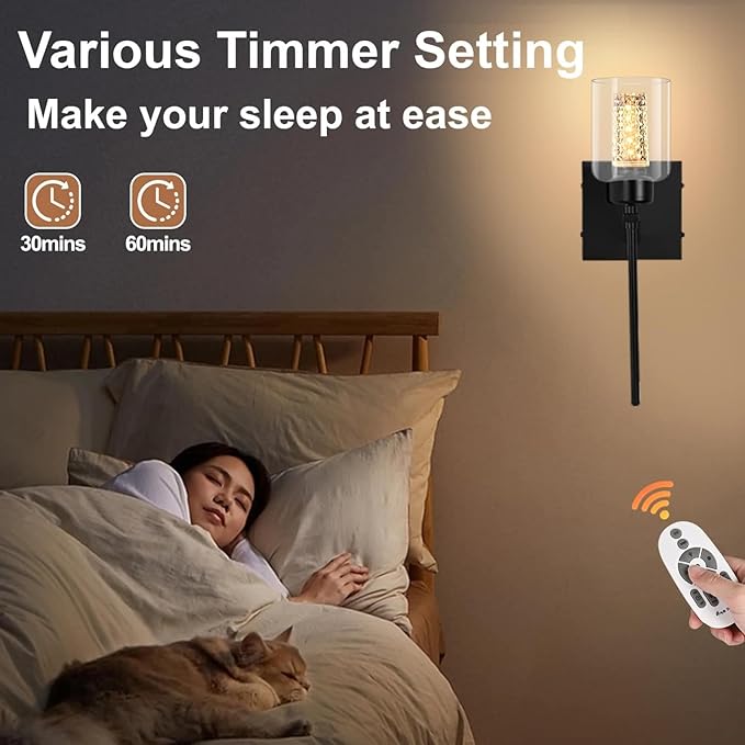 Glass Battery Wall sconces Set of Two with Remote, Stepless Dimmable Wireless Glass Wall Sconces with Crystal Bulb, Rechargeable Sconce for Bedroom, Black