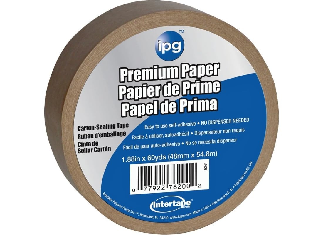 IPG 9341 Kraft Paper Flatback Premium Packing Tape, 1.88" x 60 yd, Brown, (Single Roll) (packaging may vary)