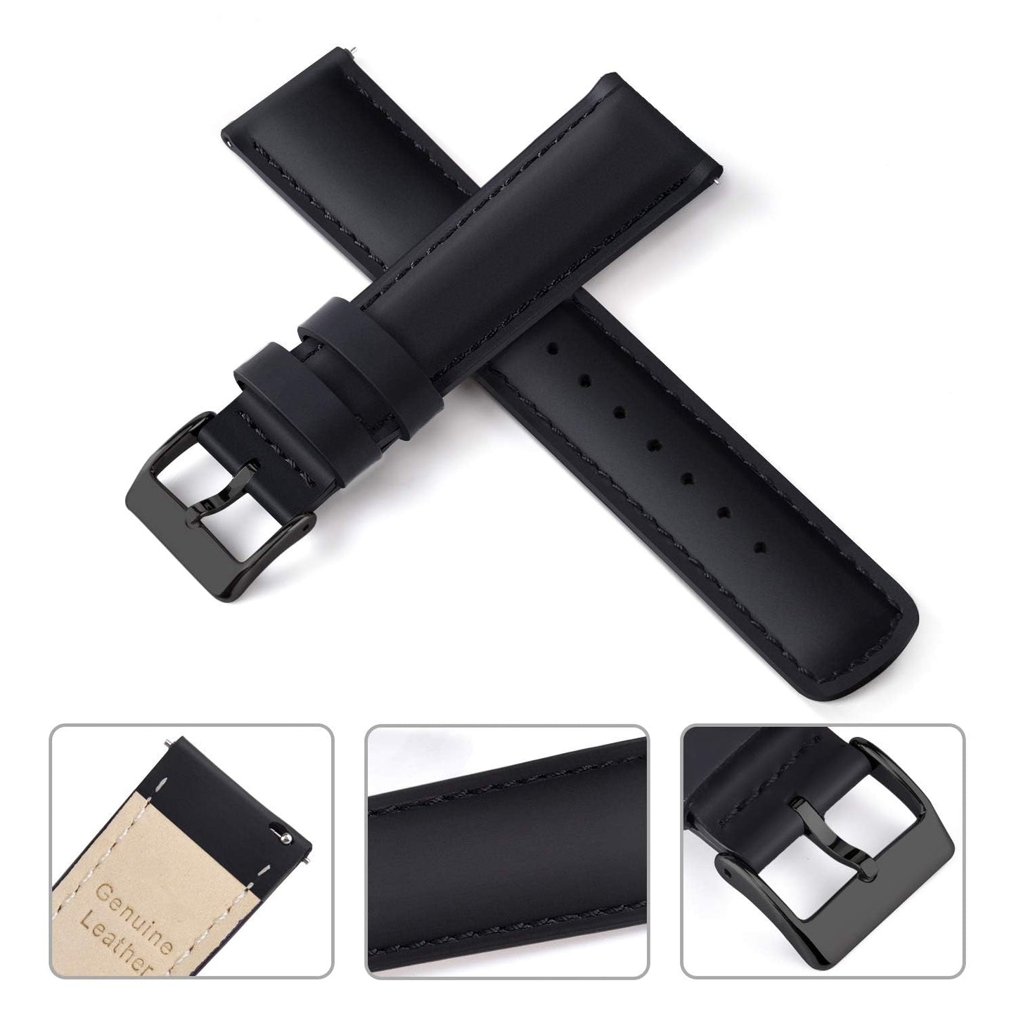 Ritche Genuine 24mm Leather Watch Band Compatible with Timex Expedition Fossil Seiko Classic Vintage Quick Realease Watch Bands for Men Women Black Watch Strap, White Elephant Gifts, Stocking Stuffers for Men, Father's Day gifts