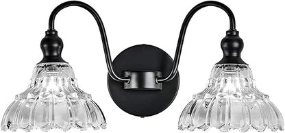 2-Light Modern Wall Sconce Black Wall Light Fixtures Made of Metal Body and Pressed Patterned Glass with Unique Design Vanity Light for Bedroom, Bathroom, Doorway, Farmhouse
