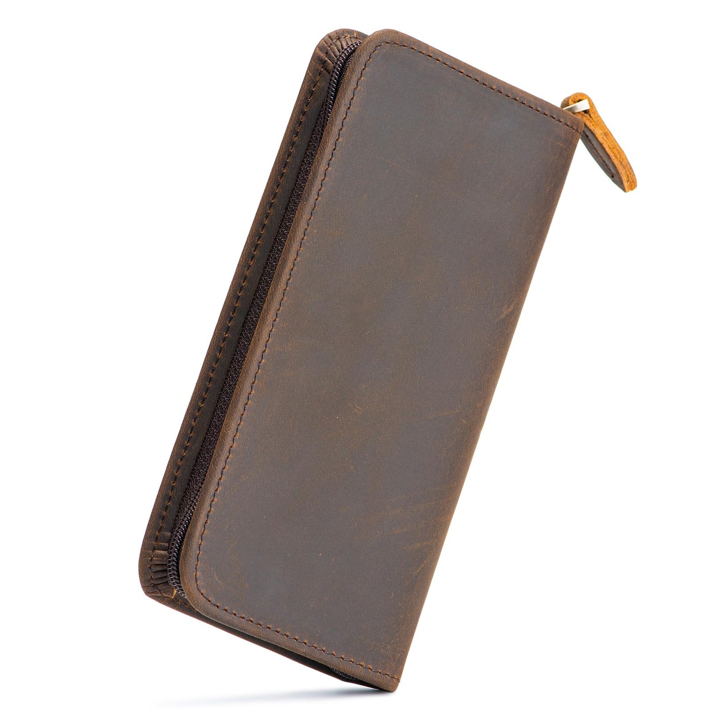 Asvine Fountain Pen Case 3 Divided Slots Crazy Horse Leather Pen Holder, Handmade Display Zippered Pouch for Rollerball Pen-Retro