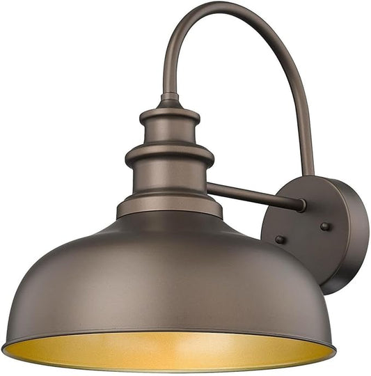 Bestshared Gooseneck Barn Light 14 Inch Dome Farmhouse Wall Mount Light Fixture, Exterior Lighting Fixture,Wall Porch Light for Front Door, Entryway, Patio (ORB+Gold, 14” Dome-1Pack)