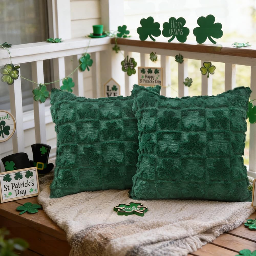 Heirloom Haven St Patrick’s Day Pillow Covers Set of 2,Green Shamrock Irish Soft Plush Faux Fur Jacquard Throw Pillows Decorations for Bedroom Sofa Holiday Festivals Home Decor 18x18 inch
