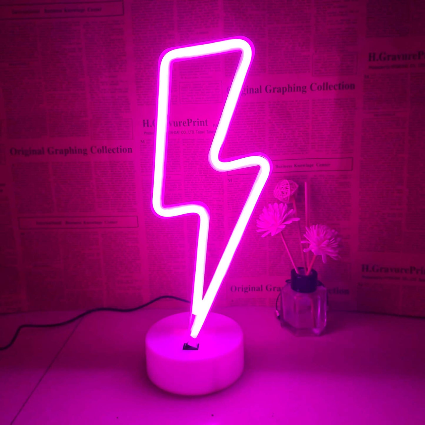 VIFULIN Pink Lightning Bolt Neon Sign, Aesthetic Room Decor for Bedroom, Battery/USB Operated LED Light with Base