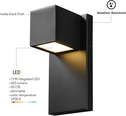 GLOBE Electric 60000124 17W Integrated LED Outdoor Wall Sconce, Matte Black Finish, 650 Lumens, 2700K Warm White, Weather-Resistant, Dimmable Exterior Light, 50,000 Hour Lifespan