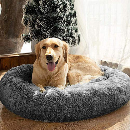 MFOX Calming Dog Bed (L/XL/XXL/XXXL) for Medium and Large Dogs Comfortable Pet Bed Faux Fur Donut Cuddler Up to 25/35/55/100lbs