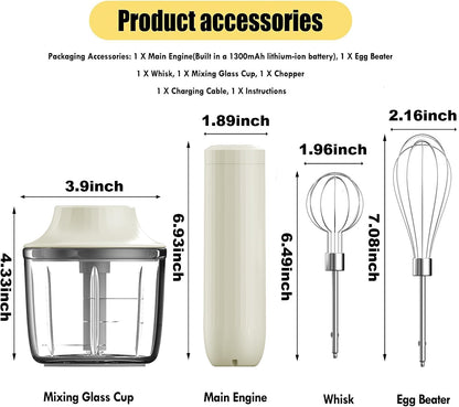4-in-1 Electric Hand Mixer, Electric Whisk, Mini Onion Chopper 10Oz, Small Cordless Hand Blender, Milk Frother Wand for Coffee, Matcha, 4 Speed Rechargeable Food Processor for Baby Food Maker