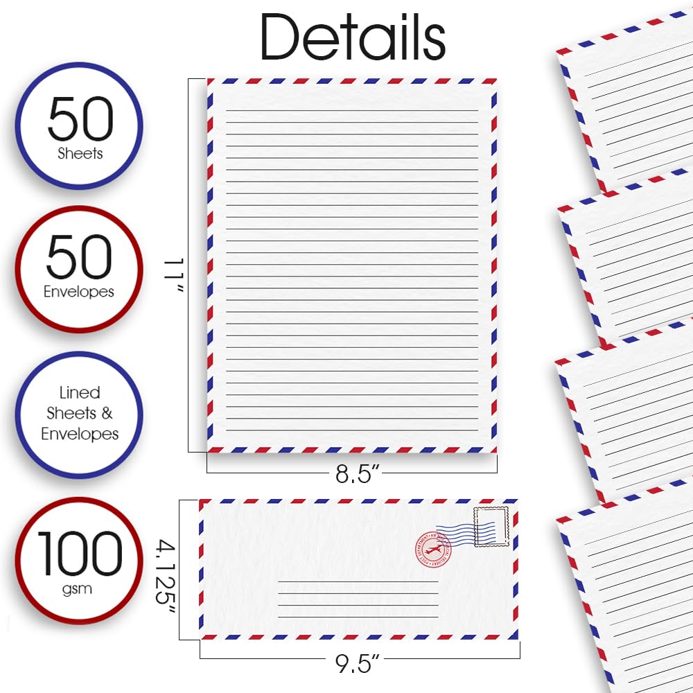 ArtCreativity 100 Pieces Vintage Stationery Paper and Envelopes Set - 50 Double Sided Airmail Sheets and 50 Envelopes - Pen Pal Stationery Letters and Envelopes with Air Mail Design