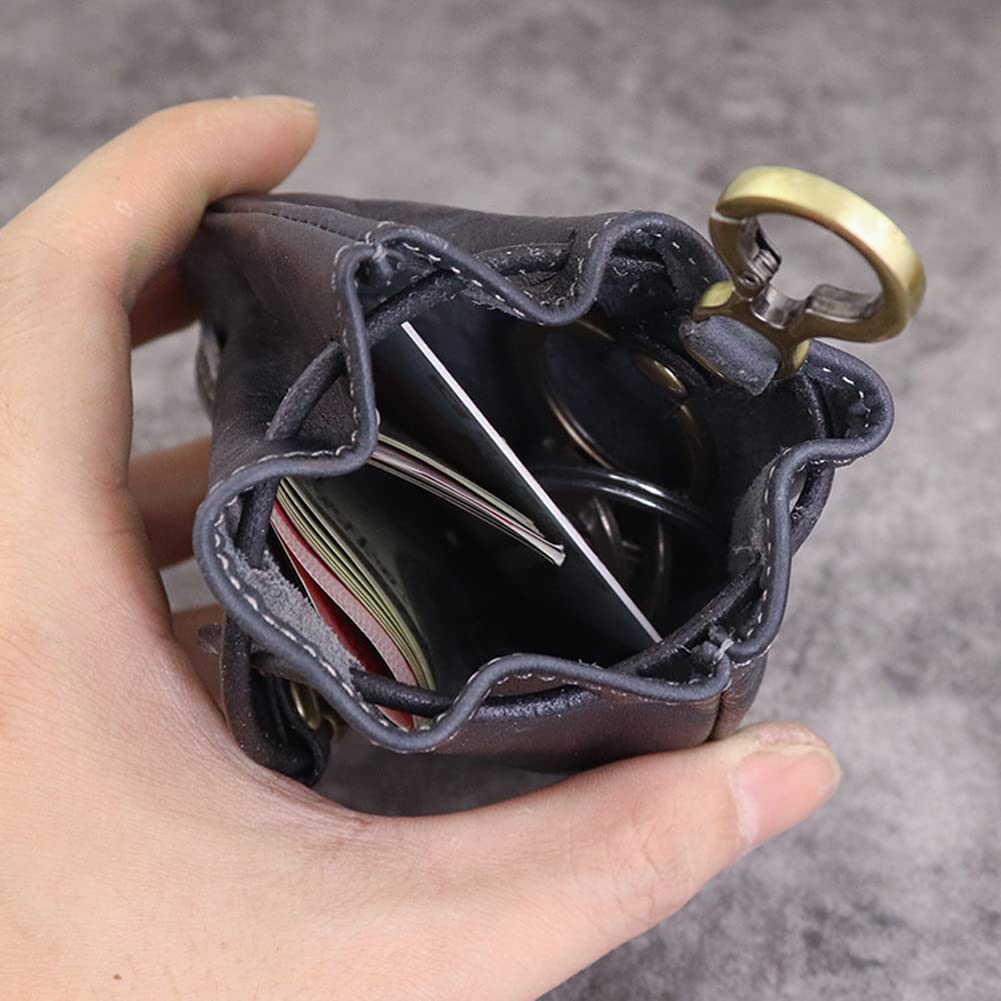 Wugebud 1 Pcs Leather Mini Medieval Pouch Keychain, Coin Organizer, Change Holder, Leather Drawstring Pouch for Men & Women