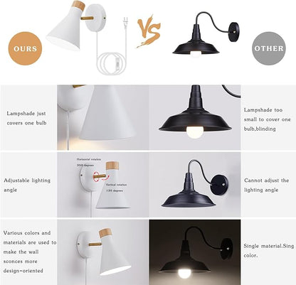 Wall Sconce Set of 2, Wall Sconce with Metal Shade, Plug Switch, Indoor Decor Wall Mount Swing Arm Lamp for Bedroom,Hallway,Living Room,Reading, White