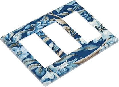Blue Flowers Branches Leaves Floral Pattern 3 Gang Rocker Triple Outlet Wall Plate Decorative Switchplate Cover Faceplate GFCI Light Switch Covers for Farmhouse Living Decor