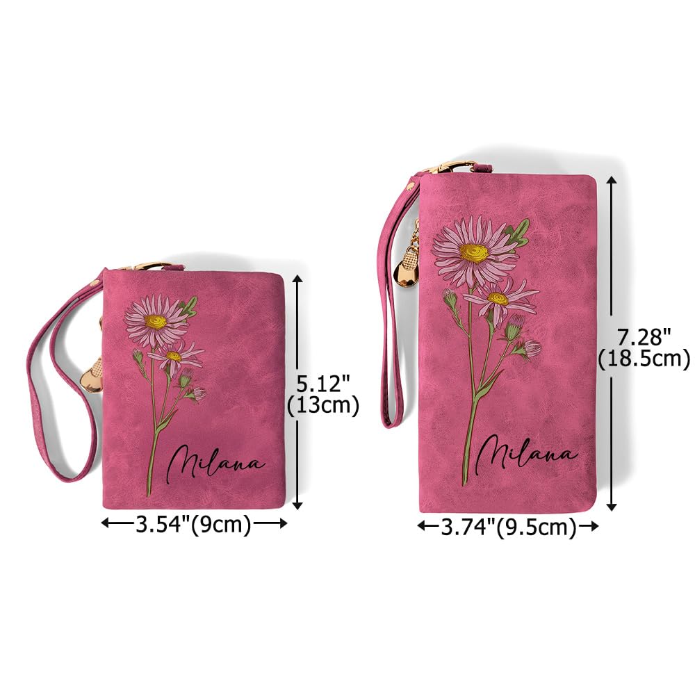 CALLIE Personalized Wristlet Wallet for Women | Custom Name PU Leather Card Holder Wristlet | Birthday Anniversary Valentines Gift for Her (Watercolor Birth Flower)