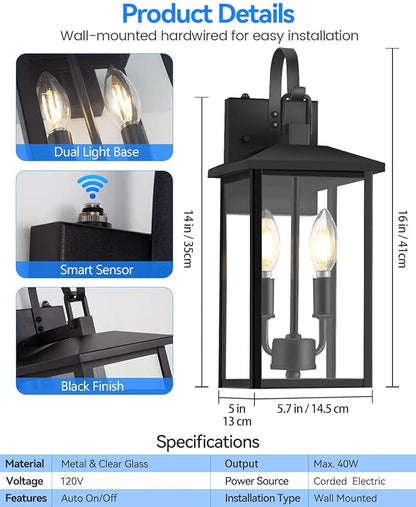 SHIMR Dusk to Dawn Outdoor Lighting 2 Pack, Large Exterior Light Fixture Wall Mount Waterproof Outdoor Wall Light Outside Lights for House Porch Garage Patio