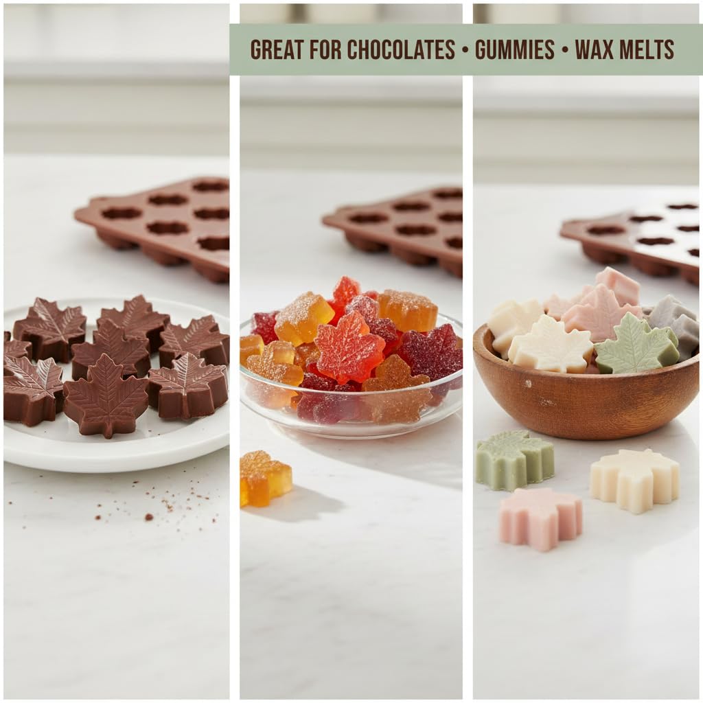 Maple Leaf Silicone Molds, 2-Pack (30 Cavities) for Chocolate, Gummies, Ice Cube Tray, Fall/Thanksgiving Candy, Baking and Craft Decor | Food-Grade, Nonstick, Reusable | Pumpkin & Autumn Leaf Toppers