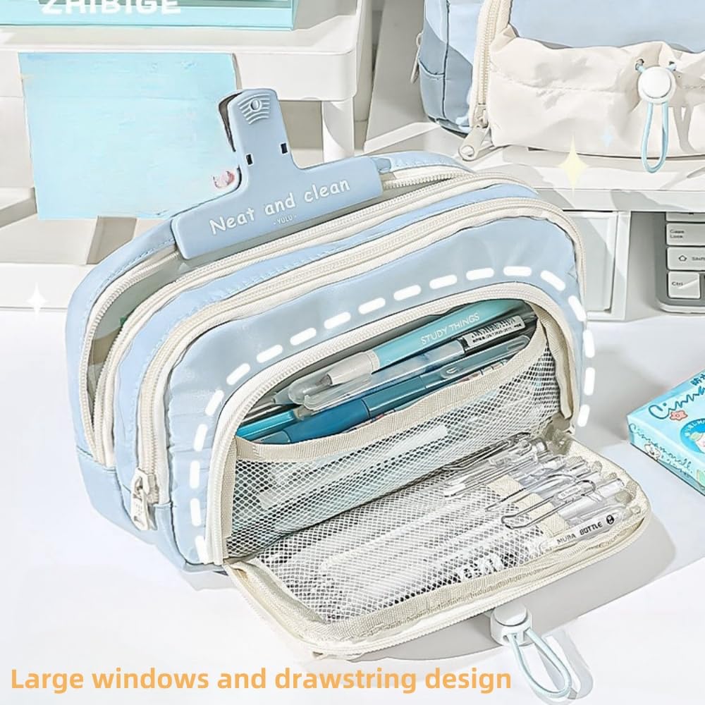 Vobomo Pencil Case Big Capacity Pen Holder Large Opening Pencil Pouch Box Cute Aesthetic Drawstring Pen Case (Blueberry Blue)