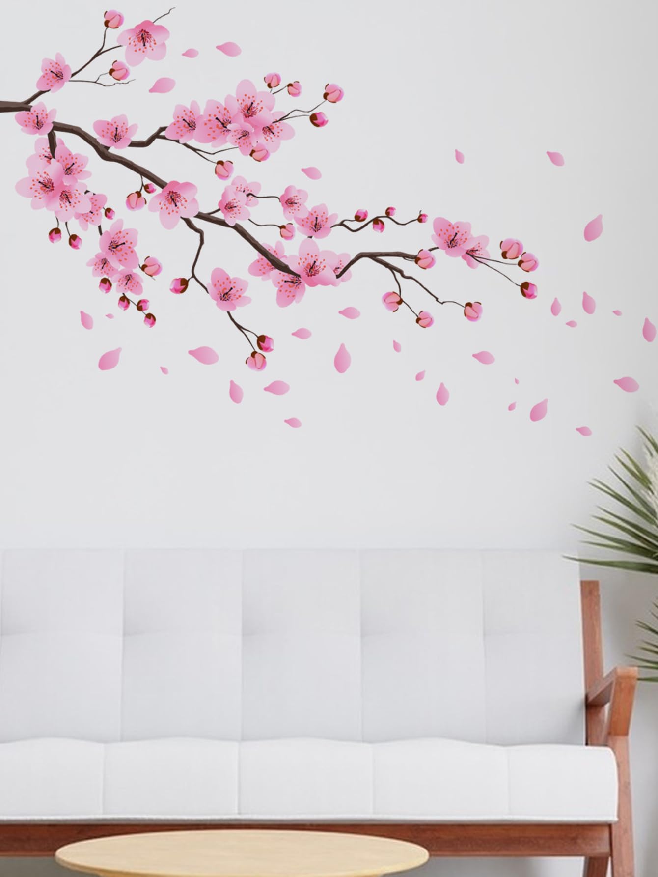 Cherry Blossom Wall Decals, Large Pink Floral Tree Branch with Birds Butterflies, Peel and Stick Removable Vinyl Wall Stickers for Living Room Bedroom Home Decor