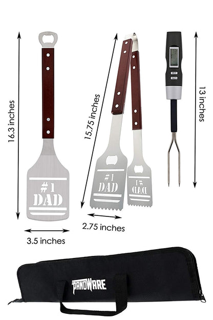 Panoware BBQ Grill Tools Set for Dad, 4 Piece Set, Number 1 Dad Tongs, Spatula, Digital Thermometer and Case