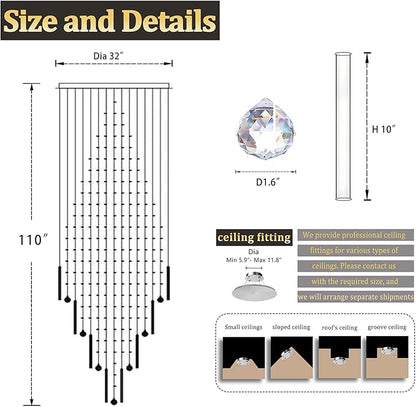 Flashing God D32''X H110'' High Ceiling Chandelier Crystal Raindrop Chandeliers Staircase Large Chandelier Villa Entrance Foyer Ceiling Light High Ceiling Pendant Light Fixture