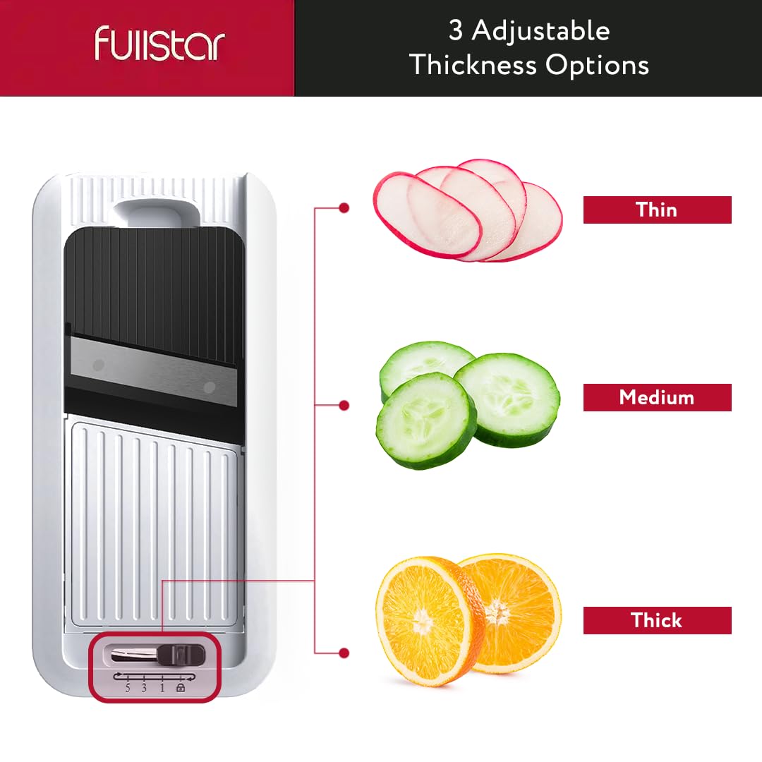 Fullstar All-in-1 Vegetable Chopper and Mandoline Slicer for Kitchen - Cheese Grater, French Fry Cutter, Cheese Slicer - Bonus Handheld Spiralizer Included (4 in 1, Black/White)