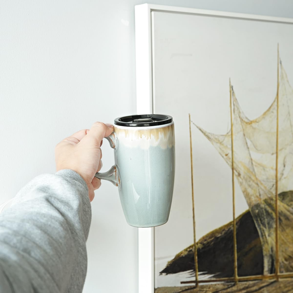 Bosmarlin Ceramic Travel Coffeel Mug with Handle and Lid, 18 oz, Portable Coffee Cup for Car Cup Holder, Microwave and Dishwasher Safe, Reactive Glaze (Light Grey Blue)