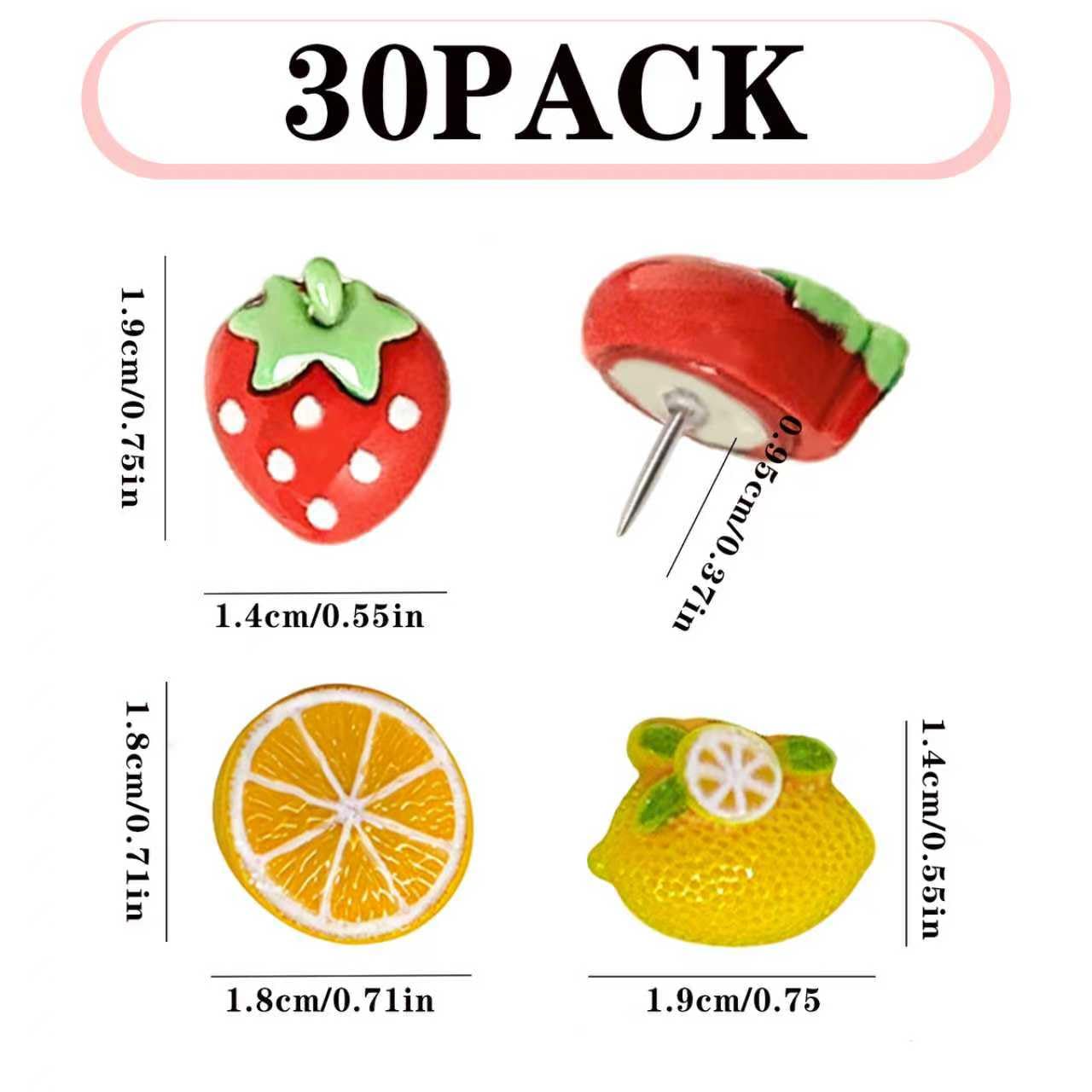 Fruit Themed Creative Thumbtack, 30 Cute Push Pins for Oranges Lemons Strawberries Decorative Push Pins for Bulletin Boards Photo Walls Cork Boards and Notebooks
