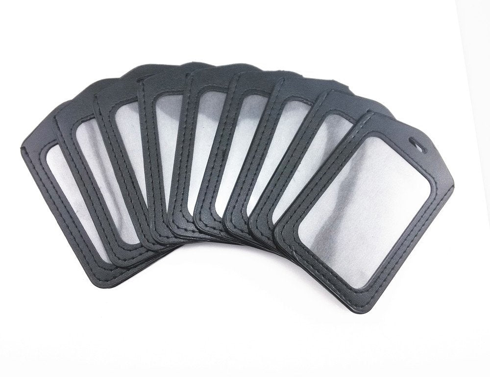 yueton 10pcs Vertical Style Leather Business ID Badge Card Holder, Name Card Business Card Holder Tag with Long Neck Strap Band Lanyard (Black)