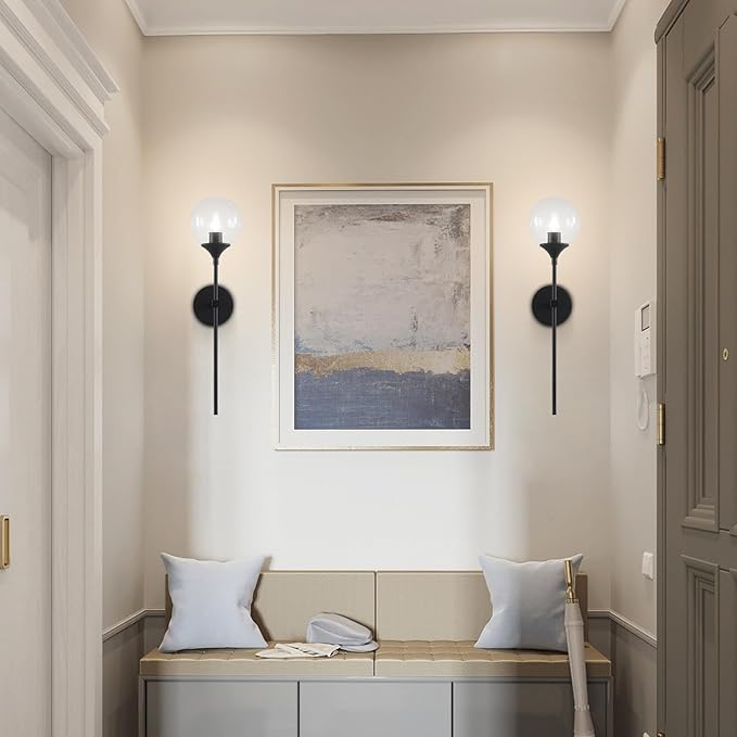 KCO Lighting Matte Black Industrial Wall Sconces Set of Two 1-Light Mid Century Bathroom Wall Mounted Light Sconce Modern Clear Bubble Glass Globe Wall Sconce Lamp Set of 2