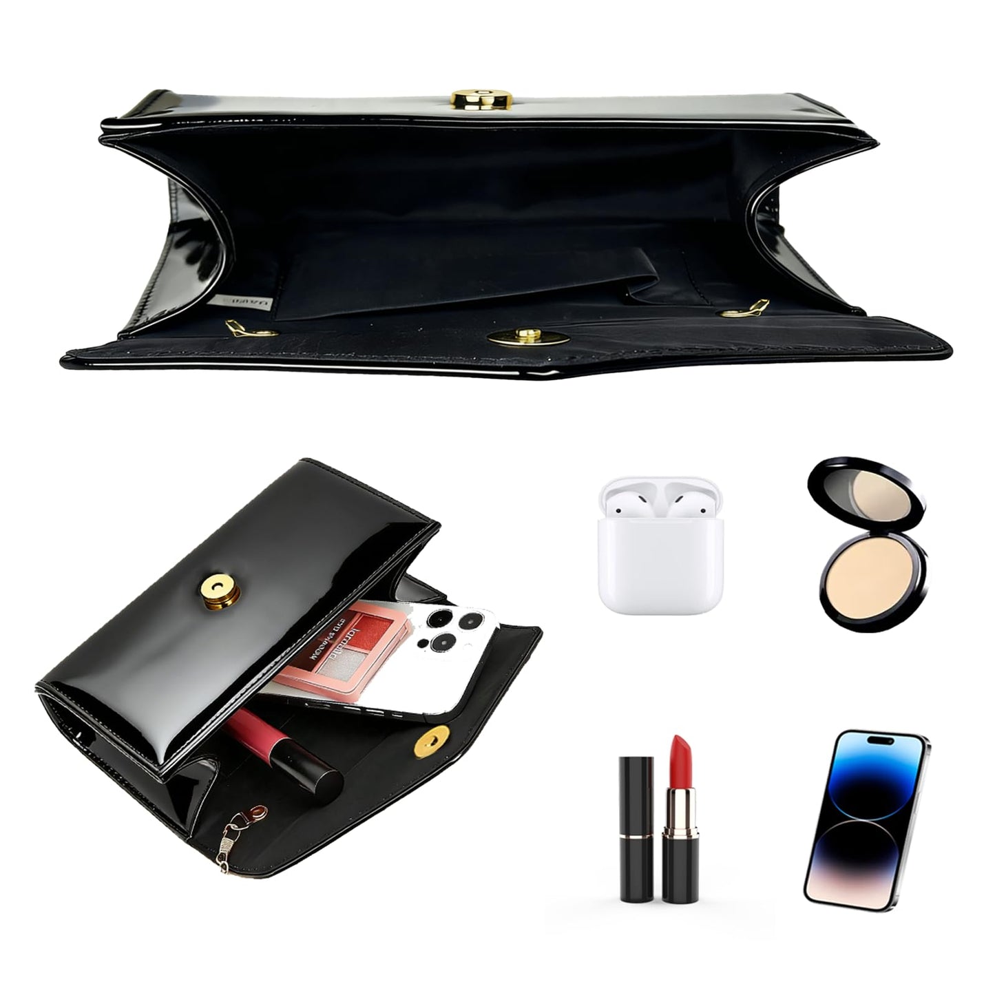 YAPAIOU Leather Envelope Evening Bag for Women Patent PU Clutch Purse for Formal Wedding Party Cocktail Prom Black